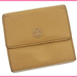 Chanel W Hook Wallet Coco Button Beige ?~ Authentic USED T14235
